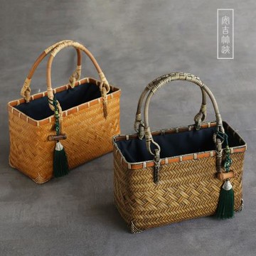 竹編手提包文藝旗袍女包百搭小包復古拎包中國風純手工茶具收納包