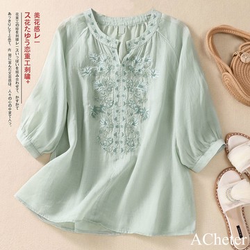 【ACheter】棉麻七分袖刺繡上衣文藝復古V領寬鬆短版上衣# 122257(現貨+預購)