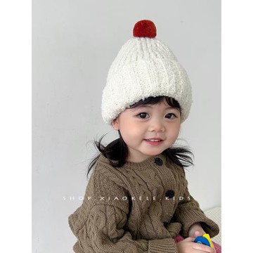 韓國兒童針織帽子秋冬新款可愛毛球寶寶保暖護耳帽男女童毛線帽子