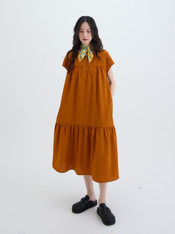 漣光半開襟拼接洋裝-日橙