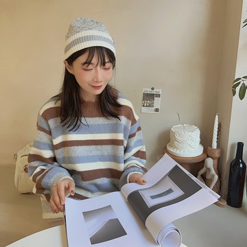 毛線帽【ISW】悉心界紋路翻邊毛線帽-灰色 男女可戴