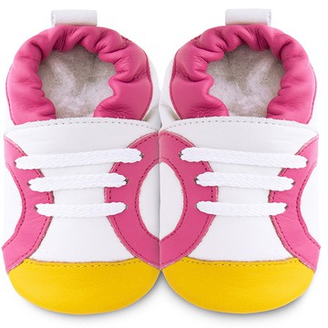 英國 shooshoos - 健康無毒真皮手工鞋/學步鞋/嬰兒鞋/室內鞋/室內保暖鞋-白底/粉黃運動型