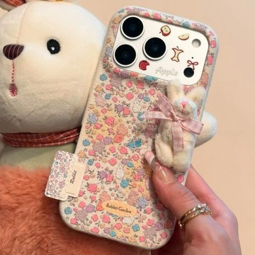 冬日碎花毛絨兔標籤適用蘋果17手機殼iPhone14Promax全包16/15軟殼