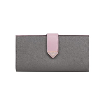 PRADA 琺瑯三角Logo 撞色二折釦式長夾(石板灰/雪花石膏粉)