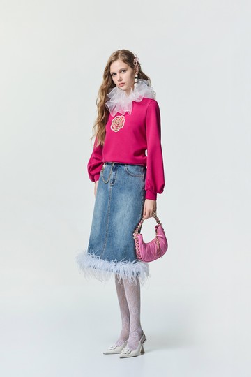 綴羽毛裝飾牛仔中長裙