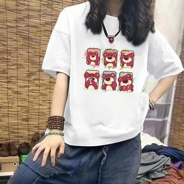 可愛小草莓熊夏季 短袖T恤女 爆款印花 寬鬆 oversize上衣 純棉圓領  短T 棉質上衣