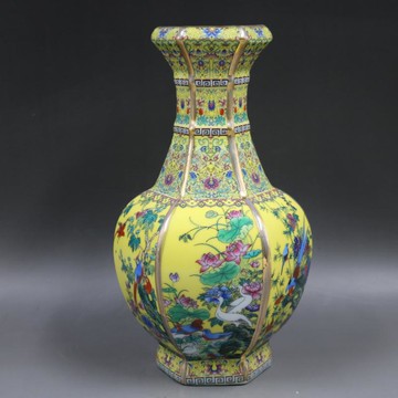 清乾隆黃地描金琺瑯彩六方花鳥賞瓶仿古鑲器家居老貨瓷器擺件古玩1入