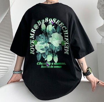 FINDSENSE X 韓潮 男士 復古玫瑰花塗鴉 寬鬆五分袖大尺碼 短袖T恤