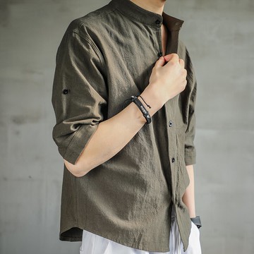 日系復古短袖棉麻亞麻襯衫男夏季薄寬松帥氣大碼五分長袖男士襯衣