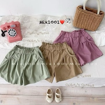 ✨mix1001 可愛花苞口袋造型高腰短褲✨兒童荷葉造型純色短褲5-17
