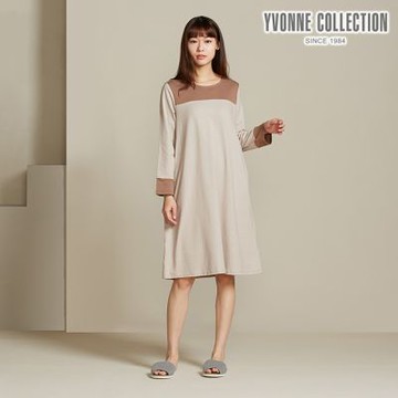 YVONNE 以旺傢飾 細條紋剪接長袖洋裝-摩卡棕