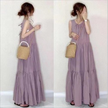 連衣裙2023新款日韓女裝小清晰長裙無袖拼接顯瘦系帶連衣裙現貨