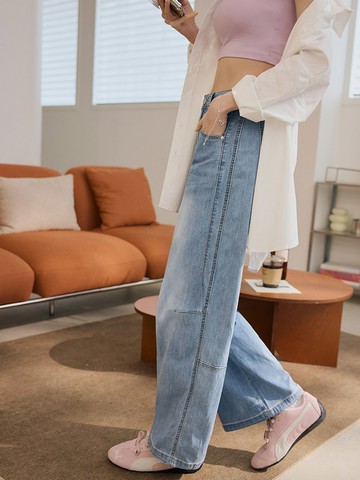 棉質水洗刷色寬鬆直筒牛仔褲