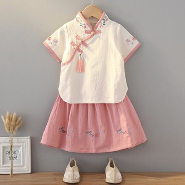女童漢服中國風演出服襦裙夏裝超仙公主裙小女孩夏季棉麻古裝套裝