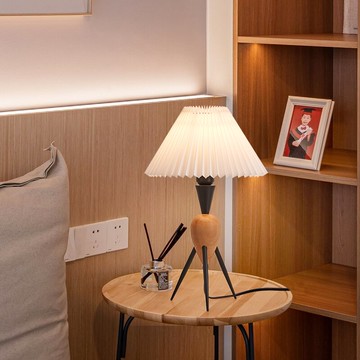 vintage百褶床頭臺燈復古韓式ins風臥室書房原木燈三角蘿卜裝飾燈