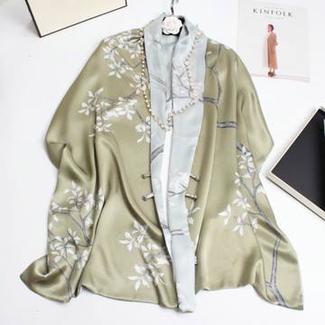 「玉蘭花」盤扣緞面真絲圍巾女夏季百搭長款桑蠶絲雙層面披肩兩用