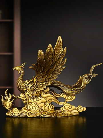招財擺件送禮禮品 全黃銅鳳凰擺件客廳喬遷裝飾品銅鳳凰呈祥瑞獸火焰漢風神獸吉祥物