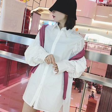白襯衫女設計感小眾春裝泡泡袖不規則襯衣寬松純色上衣1入