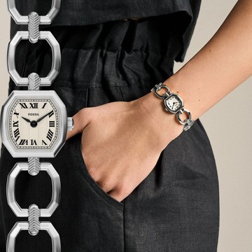 FOSSIL Harlow Mini 復古八角雙針手鍊女錶-銀/20mm ES5485