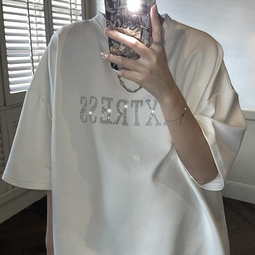 美式燙鉆字母短袖t恤男oversize百搭寬松上衣夏季潮牌ins高街體恤