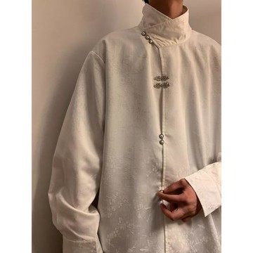 新中式男裝襯衫外套男春秋中國風刺繡提花唐裝立領上衣男士白襯衣