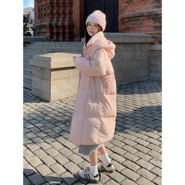 奶系甜美粉色韓版中長款過膝白鴨絨羽絨服女冬季2025新款加厚外套