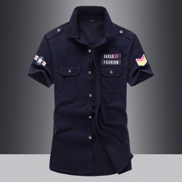 夏天休閑短袖襯衫男青年韓版修身夏季男加大碼工裝襯衣純棉軍裝潮