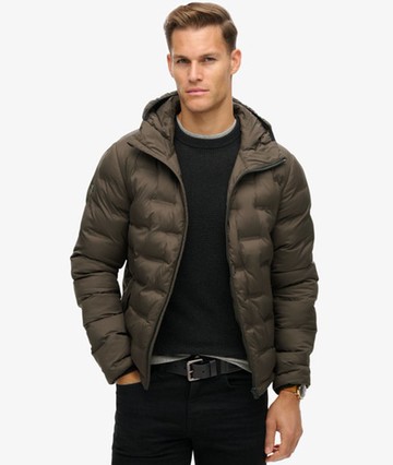 Superdry Men's Hooded Quilted Puffer Coat Brown Size: XL