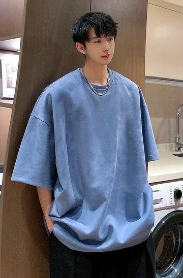 麂皮素面-韓版-短T 短袖 寬鬆落肩 男女可 (霧藍)-M    Concept Design