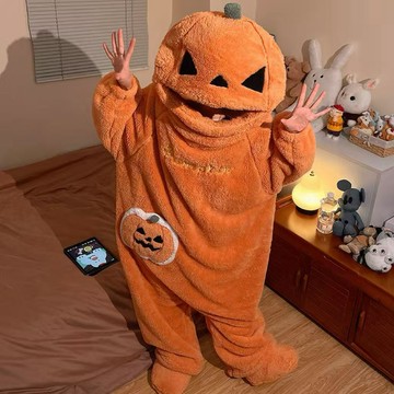 臺灣出貨+免運萬聖節外貿南瓜連體睡衣男搞怪女秋冬加絨加厚跨境連體睡袍家居服