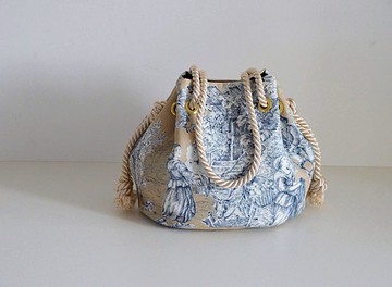 Toile de Jouy 緞面繩索海洋手袋米色海軍藍Toile de Jouy