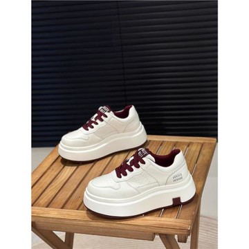 秋季新款安可拉紅真皮板鞋系帶休閑鞋冬季加絨厚底增高6cm小白鞋