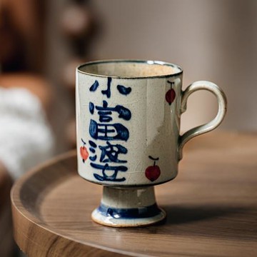 中式粗陶手作小富婆手繪高腳杯馬克杯創意復古禮物女生中古咖啡杯