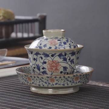 蓋碗大號青花瓷茶杯三才復古釉里紅功夫茶具敬茶碗套裝陶瓷釉下彩