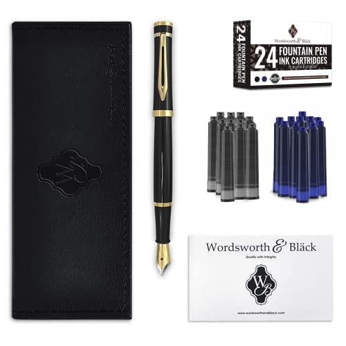 Wordsworth  Black Fountain Pen Set, 18K Glided Broad Nib, Includes 24 Pack Ink Cartridges, Ink Refill Converter  Gift Box, Gold Finish, Call