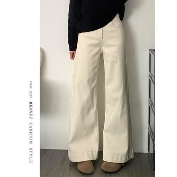 杏色闊腿牛仔褲女2025春季新款美式高腰寬松不貼腿小個子喇叭褲子