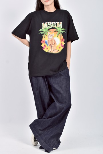 (F) msgm質感棉質寬鬆純棉貓貓印花黑色短袖上衣