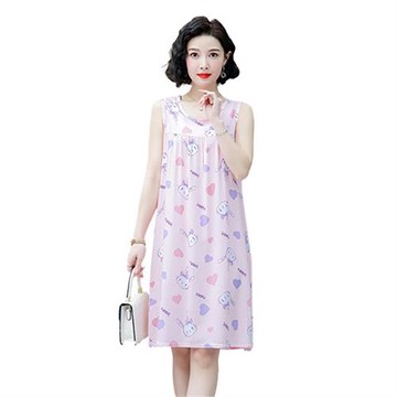 大尺碼棉綢睡衣睡裙女夏季薄款無袖洋裝子人造棉中老年寬松居家服