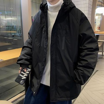 機能風潮牌痞帥防水沖鋒衣男日系復古純色寬松百搭保暖連帽棉衣冬