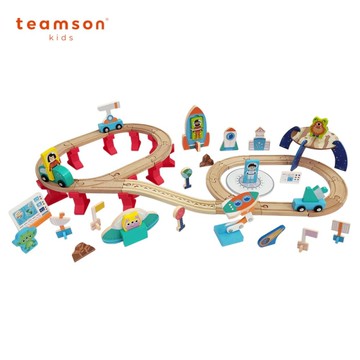 Teamson 木製豪華園桶軌道組(70psc澎派組)太空軌道|軌道玩具