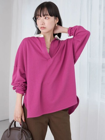 橫條紋/素面襯衫領廓形寬鬆純棉長袖上衣(1L23L1C0900) - earth music&ecology