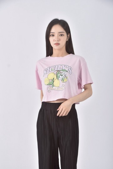 (S) h m質感修身短版印花粉色短袖上衣