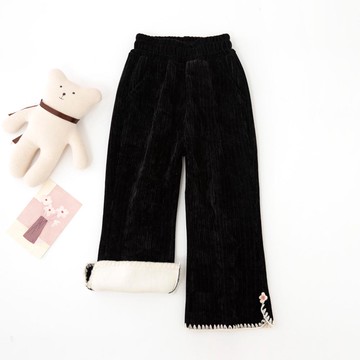 FANMOU - 加厚加絨保暖寬褲-小花-黑色