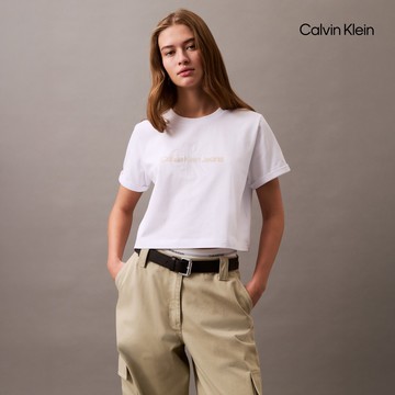 【Calvin Klein】 CK 短版亮面標誌 T 恤_白色