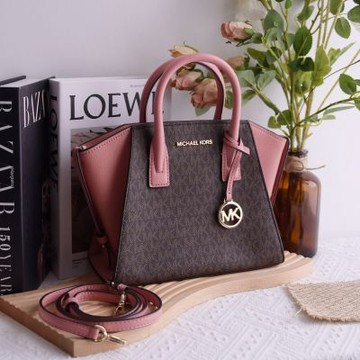 MICHAEL KORS AVRIL 拼接款經典印花兩用手提包(深咖/粉)