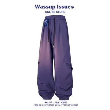 WASSUP ISSUE沖鋒工裝褲男寬松長褲運動休閑直筒紫色滑雪褲子男款