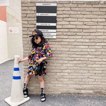 Mini baby🌷女童夏季短袖T恤中小童滿印卡通連衣裙兒童寬鬆休閒公主裙