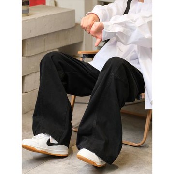 @港仔文藝男 工裝褲男秋冬日系男生直筒寬松加絨休閑彎刀褲子男款