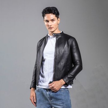 INTIMATUS 黑色 簡約個性金屬領釦真皮夾克 IM25061