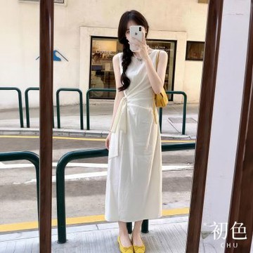 初色 法式氣質純色綁帶圓領無袖吊帶A字裙中長裙連衣裙連身洋裝-米白色-52048(M-XL可選)